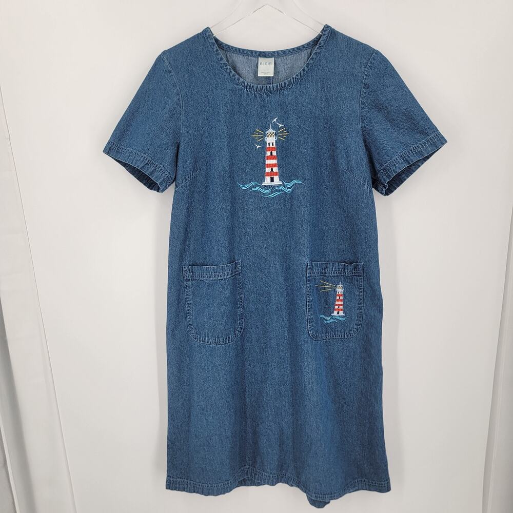 Blair Denim Dress Womens Medium Blue Embroidered Lighthouse Pockets Vintage